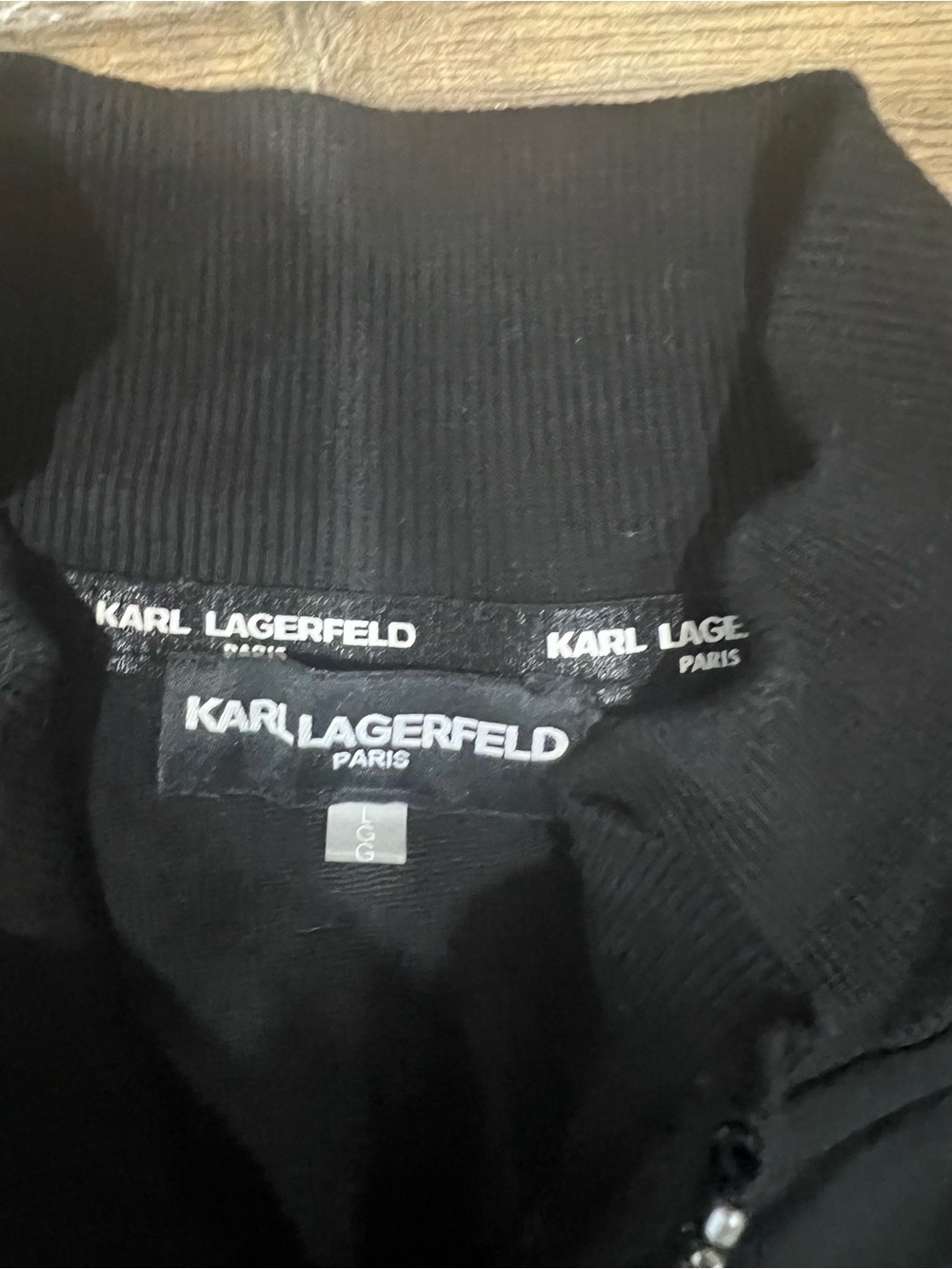 Karl Lagerfeld Black Bomber Jacket with silver logo tape stripe size Large - Picture 4 of 4